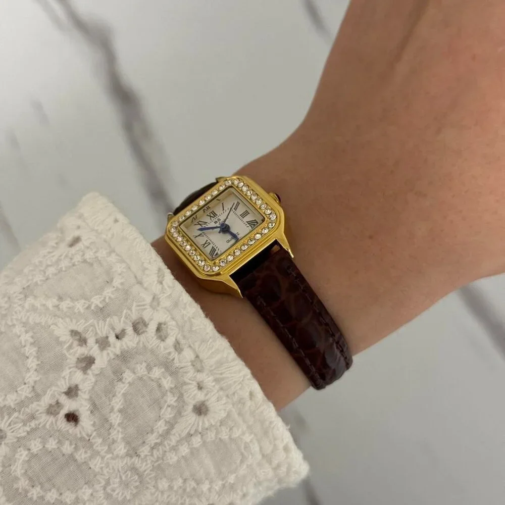 Sku:0156 vintage vibe retro gold brown mini watch black leather strap‎
